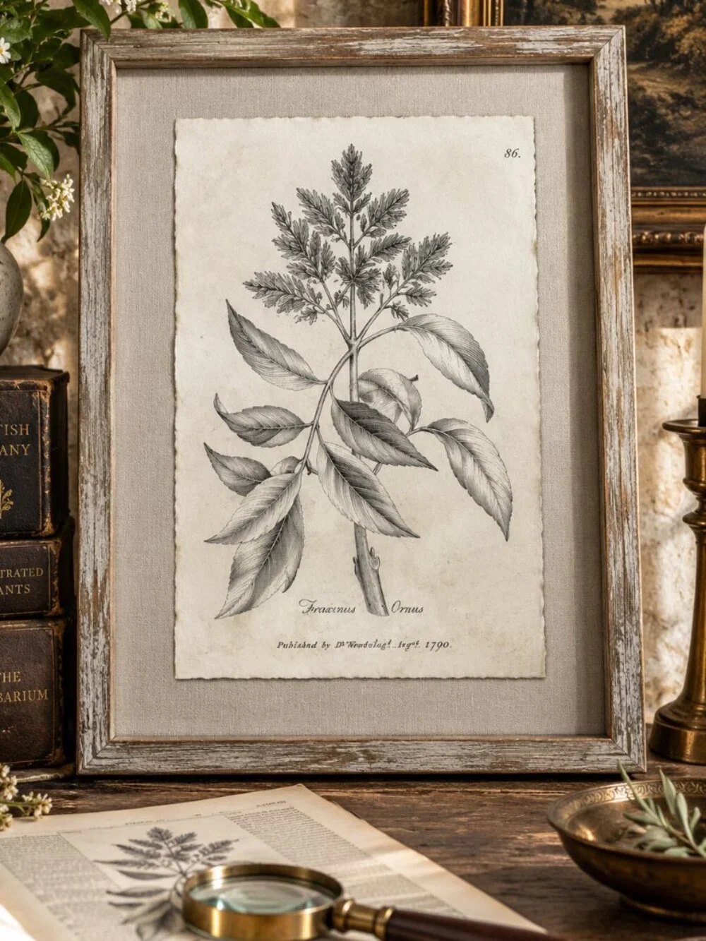 Vintage Framed Fraxinus Ornus Botanical Sepia Print Medical Botany Art